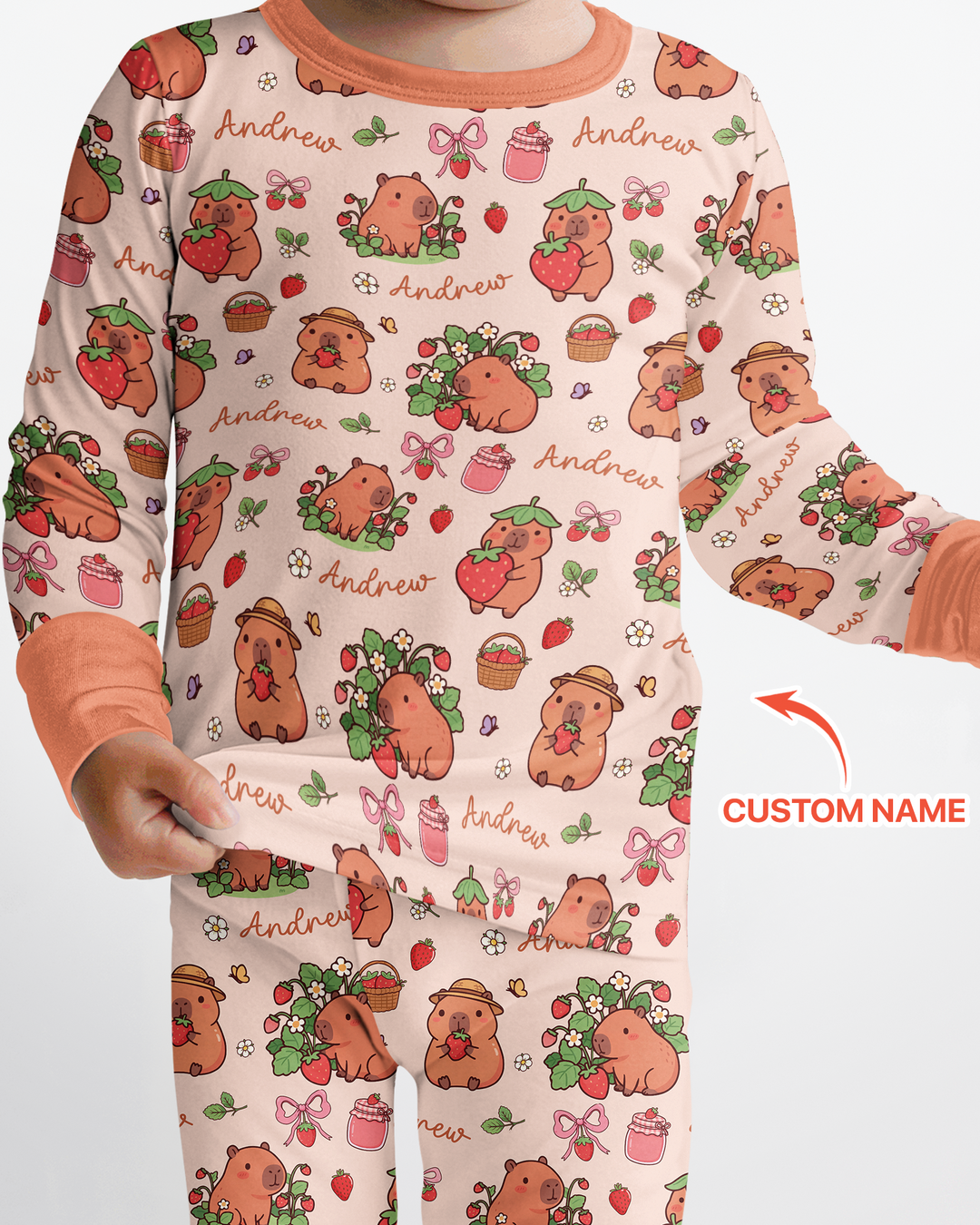 Custom Name Capybara Strawberry Bamboo Two Piece Long Sleeve Pajama Set
