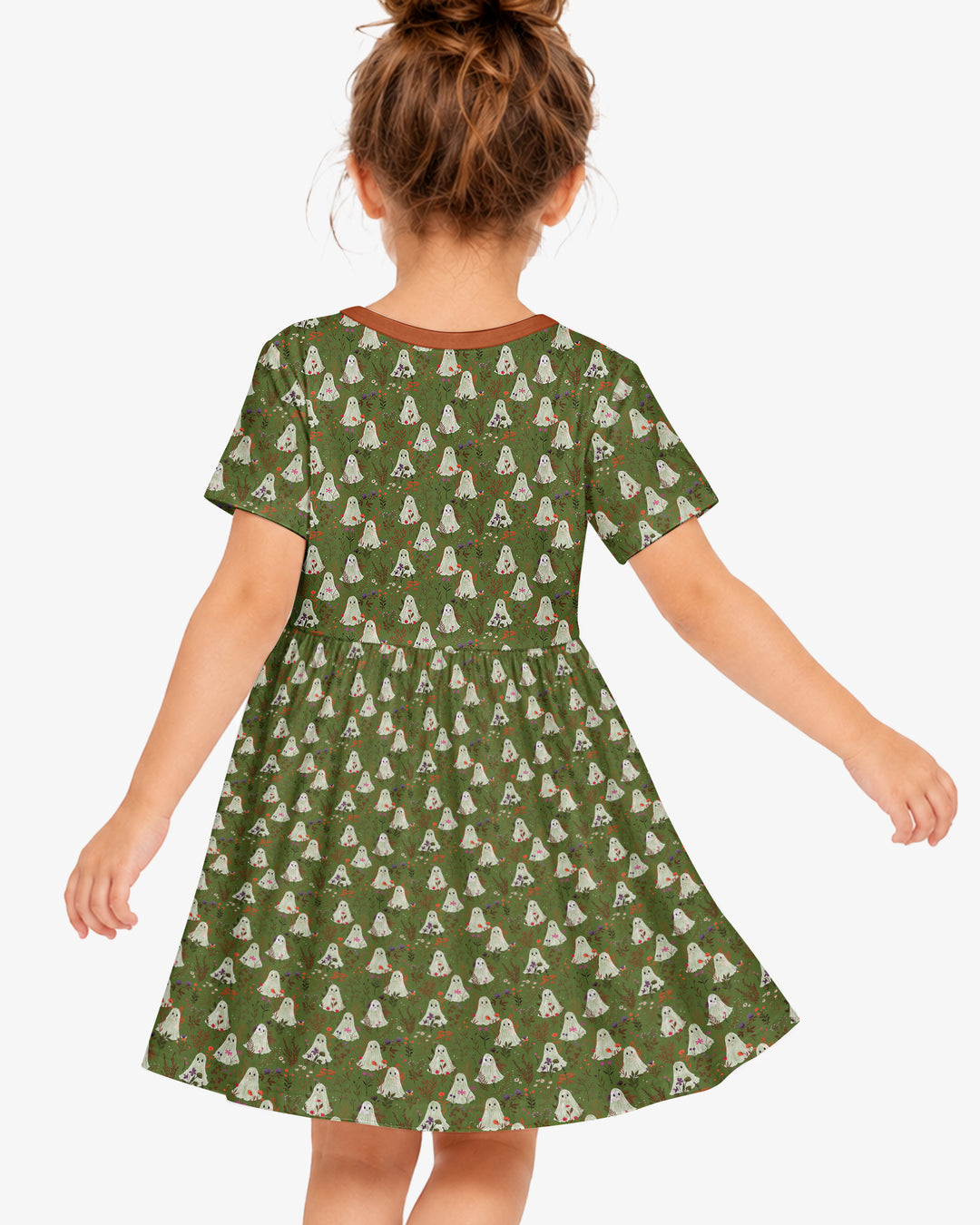 Cute Ghost Halloween Moss Green Floral Bamboo Twirl Dress