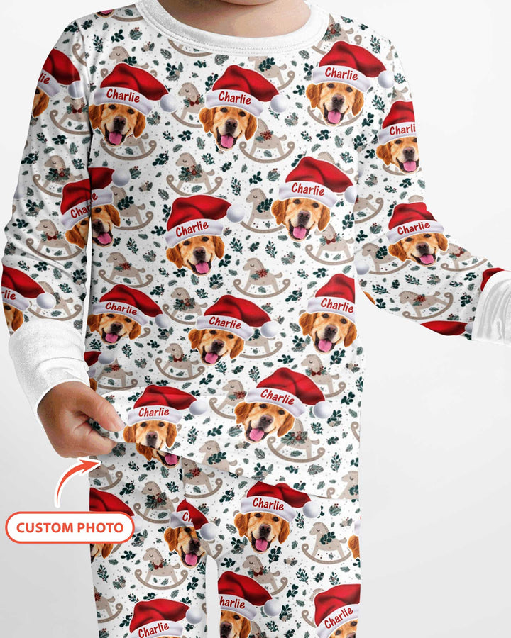 Custom Dog Photo Santa Claus Bamboo Two Piece Long Sleeve Pajama Set