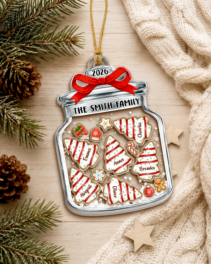 Family Christmas Tree Cake Jar Shaker Ornament