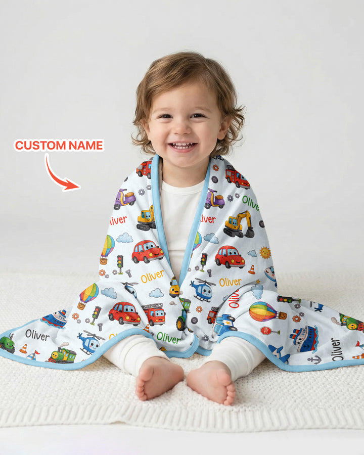 Custom Name Cute Transport Bamboo Blanket