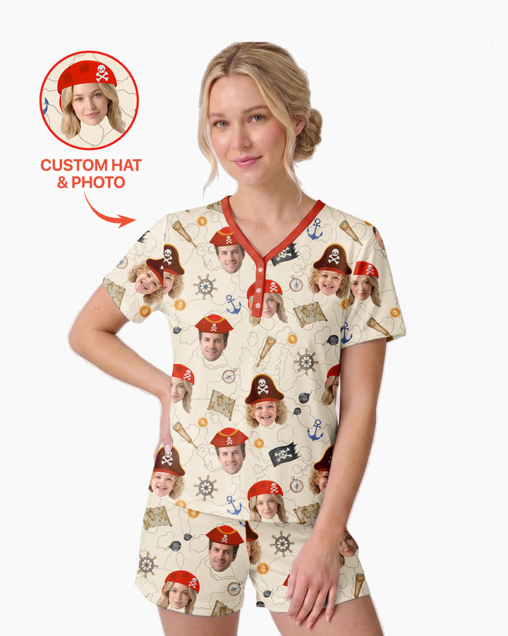 Custom Photo Treasure Map Adventures Family Matching Bamboo Women Short Sleeve Short Pajama Set