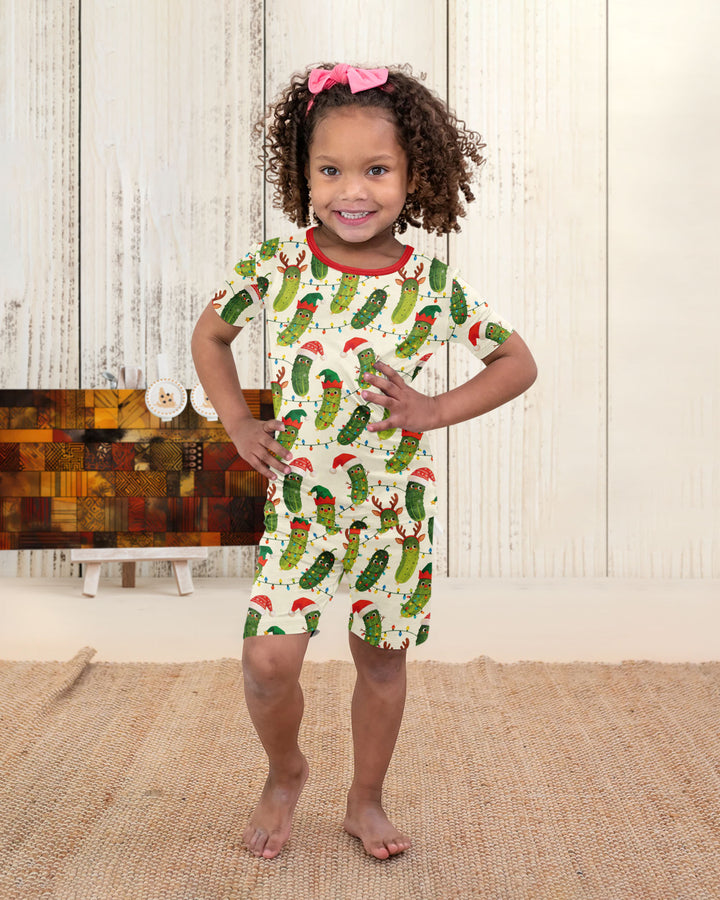 Cheerful Christmas Pickle Bamboo Two Piece Short Sleeve Shorts Pajama Set