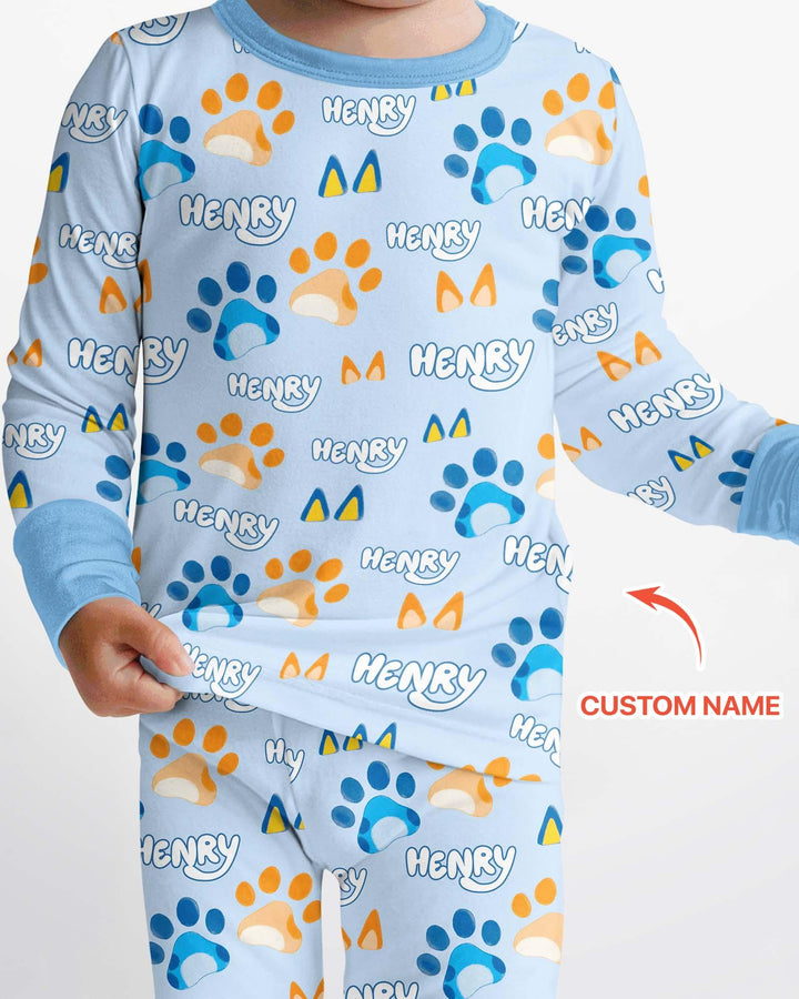 Custom Name Favourite Blue Dog Family Matching Bamboo Two Piece Long Sleeve Pajama Set