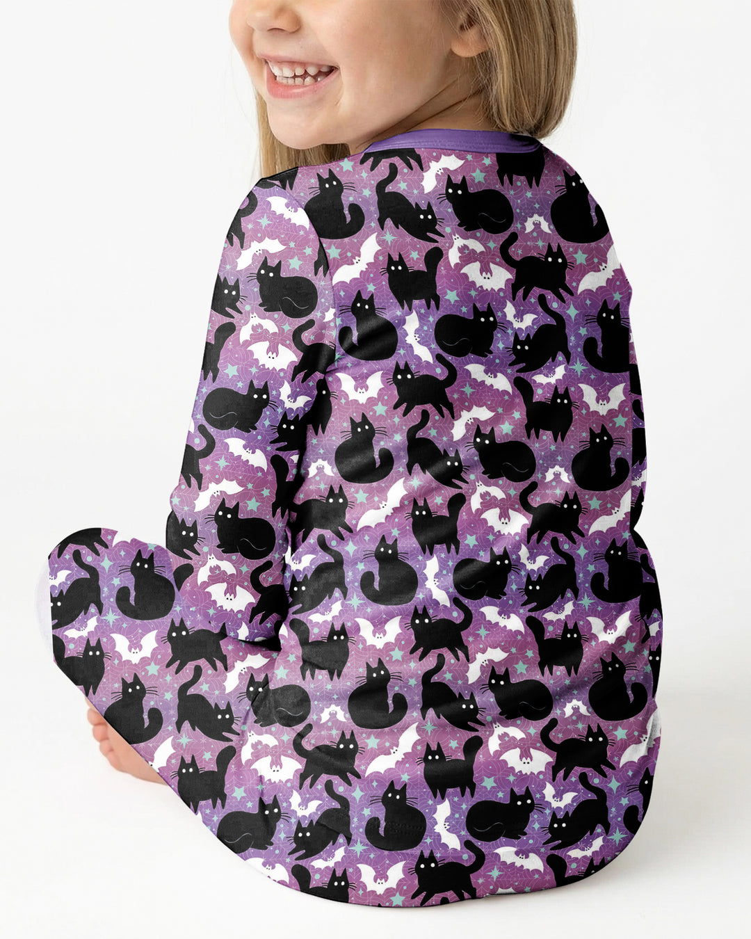 Spooky Black Cat Halloween Purple Bats Bamboo Two Piece Long Sleeve Pajama Set