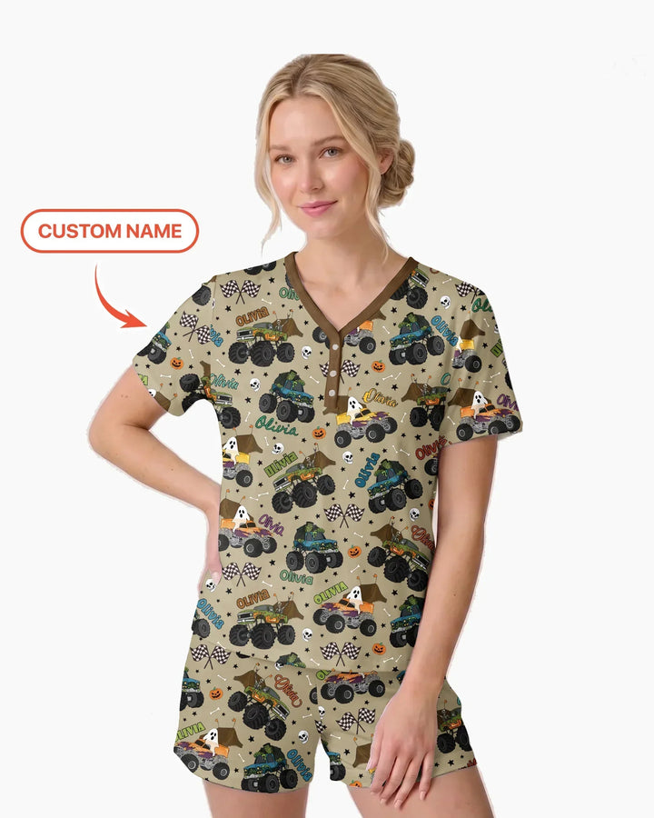 Custom Name Halloween Creepy Crusher Family Matching Bamboo Women Short Sleeve Short Pajama Set