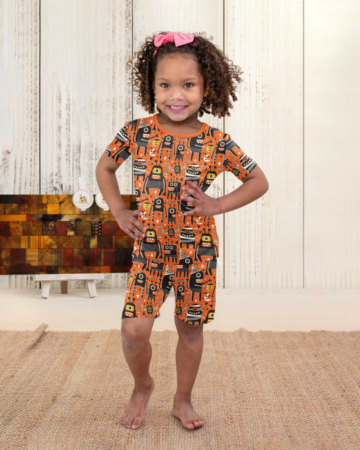 Mid Century Halloween Monster Toss Bamboo Two Piece Short Sleeve Shorts Pajama Set