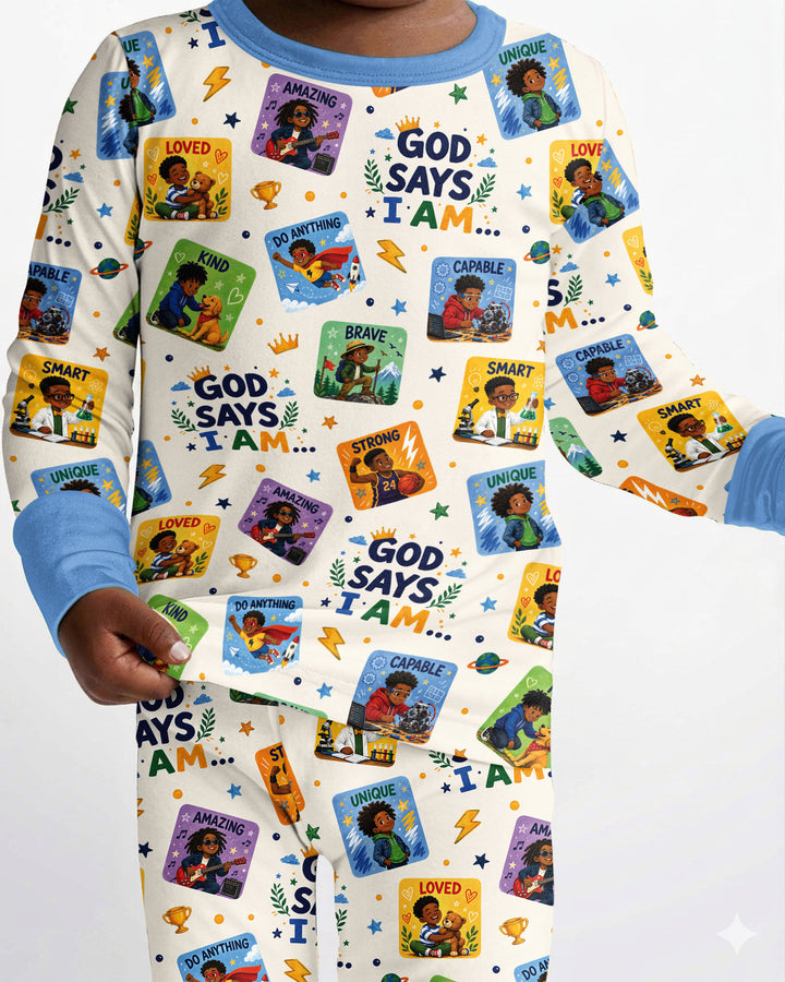 God Says I Am Black Boy Bamboo Two Piece Long Sleeve Pajama Set