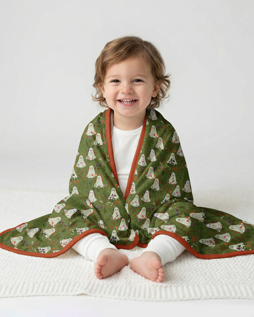 Cute Ghost Halloween Moss Green Floral Bamboo Blanket