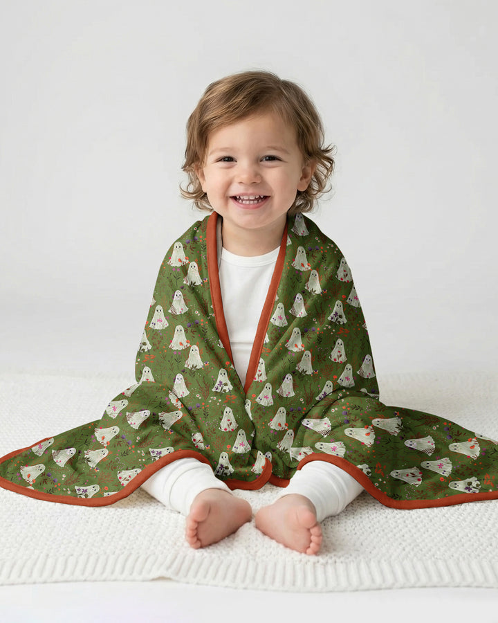 Cute Ghost Halloween Moss Green Floral Bamboo Blanket
