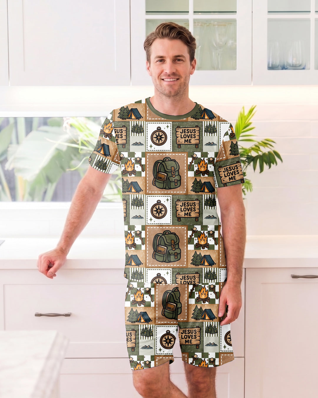 Camping Jesus Loves Me Bamboo Men Short Sleeve Short Pajama Set