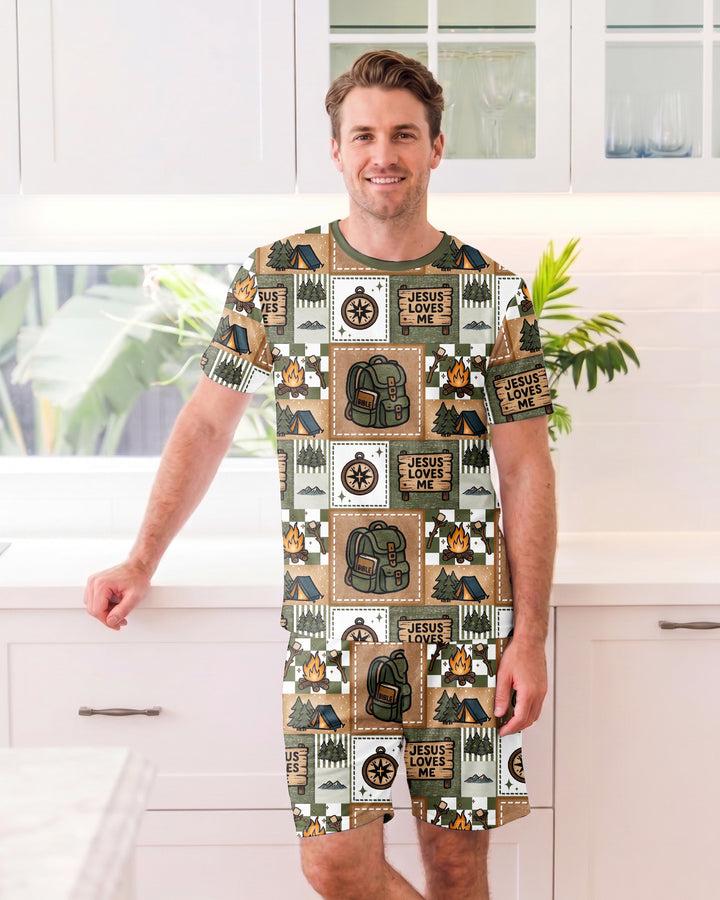 Camping Jesus Loves Me Bamboo Men Short Sleeve Short Pajama Set
