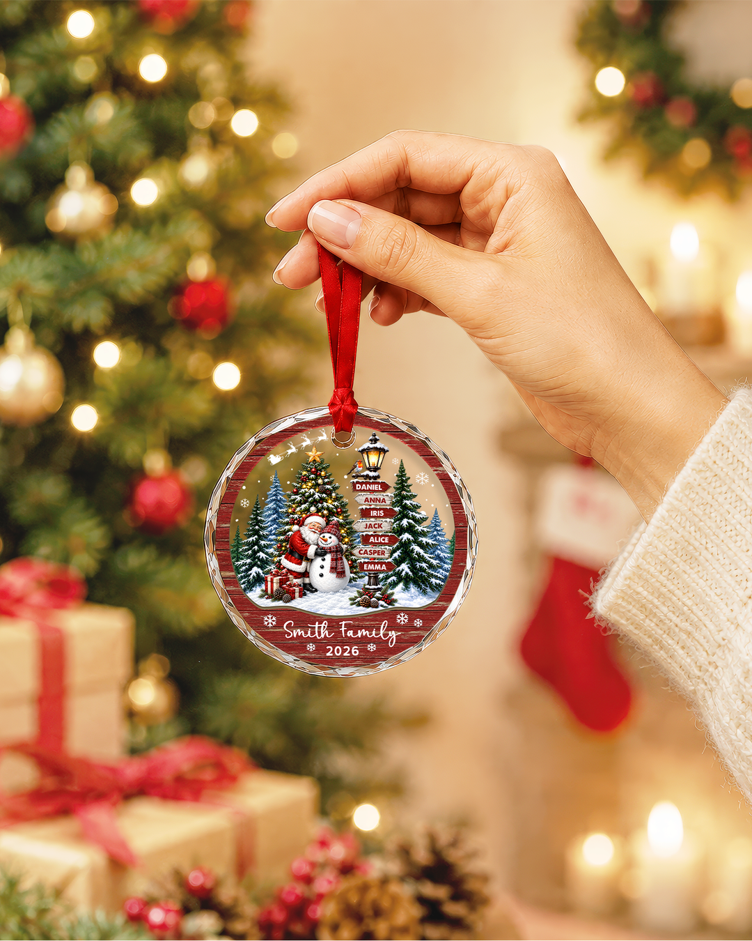 Vintage Christmas Family Signpost - Personalized Glass Ornament