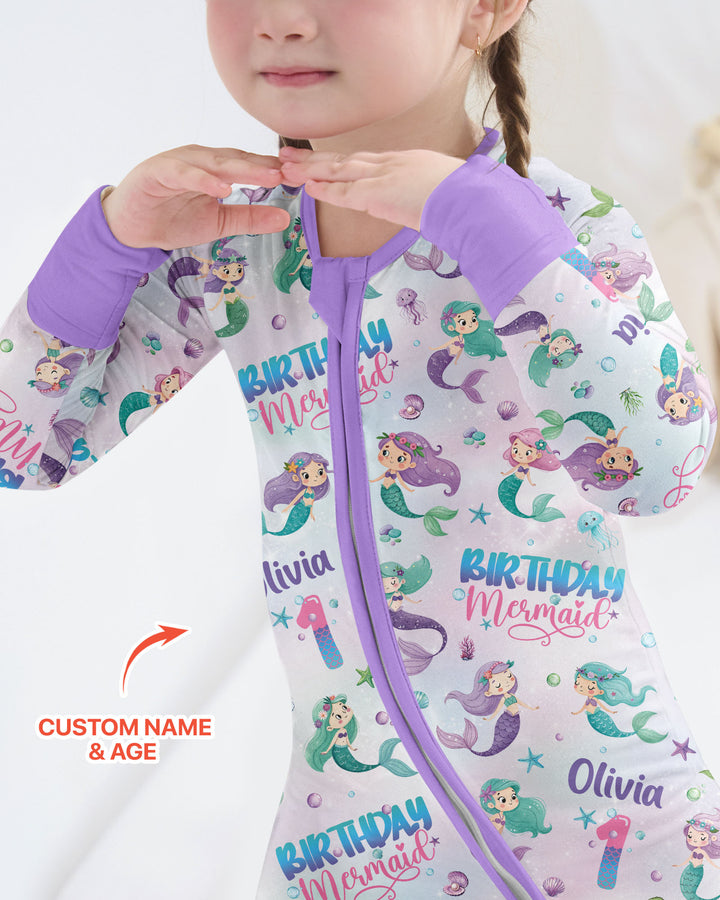 Custom Name and Age Birthday Mermaid Bamboo Convertible Zippy