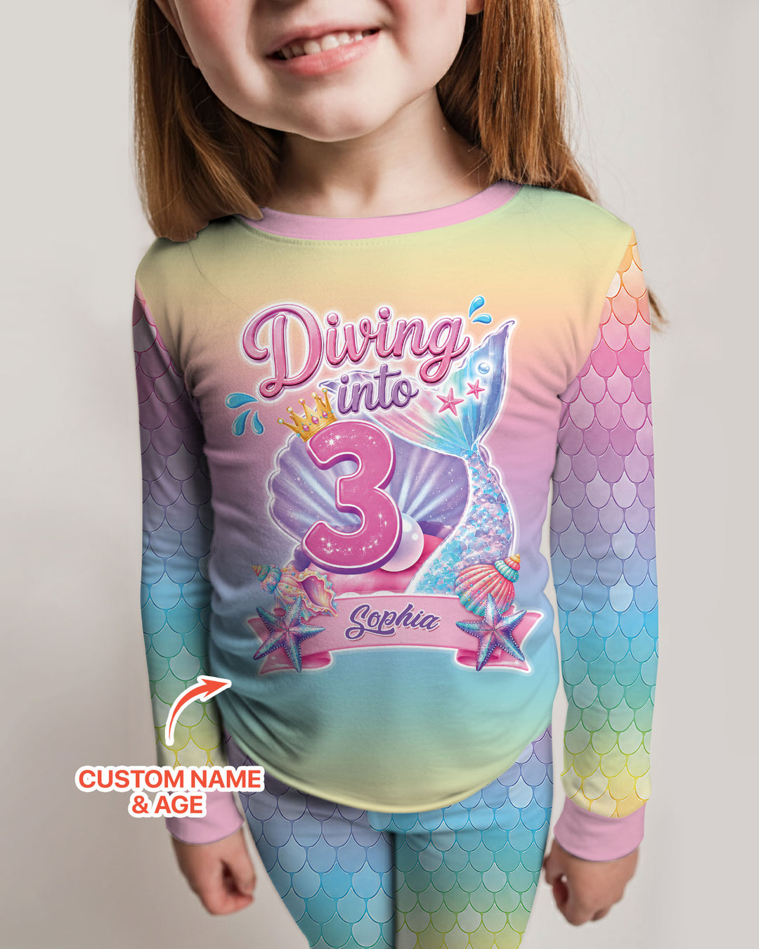 Mermaid Birthday Custom Name & Age Bamboo Two Piece Long Sleeve Pajama Set