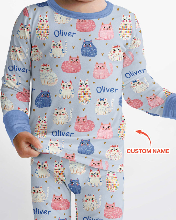Custom Name Cute Pastel Cat Bamboo Two Piece Long Sleeve Pajama Set