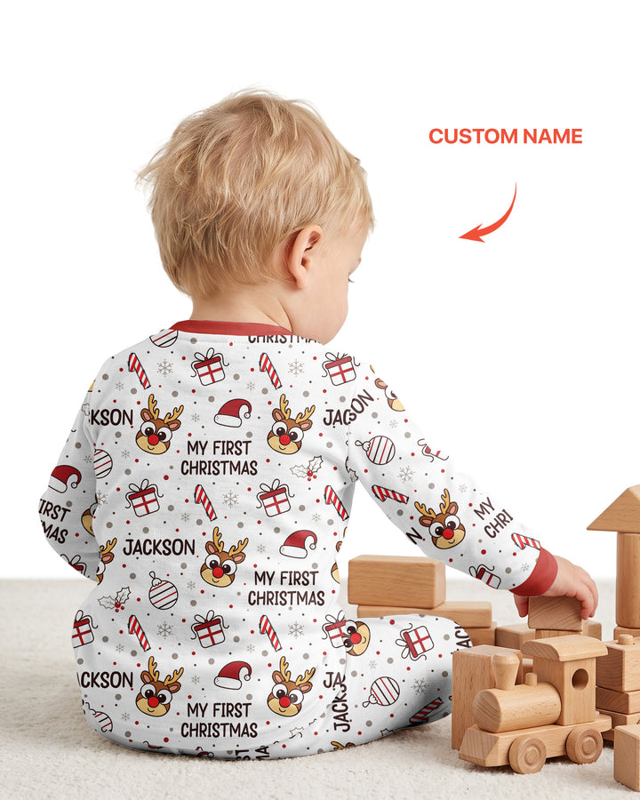 Custom Name Reindeer Doodle My First Christmas Bamboo Two Piece Long Sleeve Pajama Set