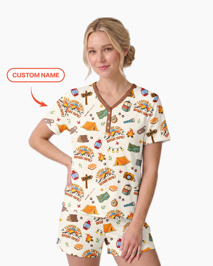 Custom Name Camping Crew Family Matching Bamboo Women Short Sleeve Short Pajama Set