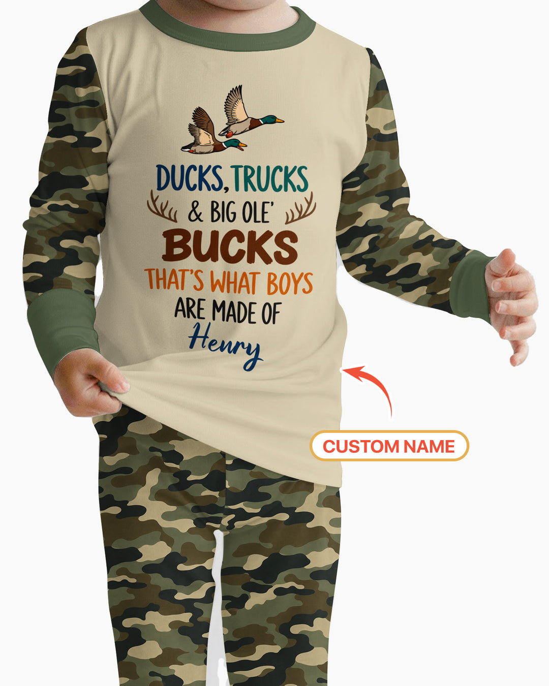 Custom Name Ducks, Trucks & Big Ole' Bucks Bamboo Two Piece Long Sleeve Pajama Set