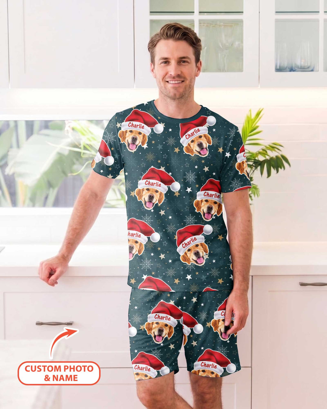 Custom Dog Photo Santa Claus Bamboo Men Short Sleeve Short Pajama Set