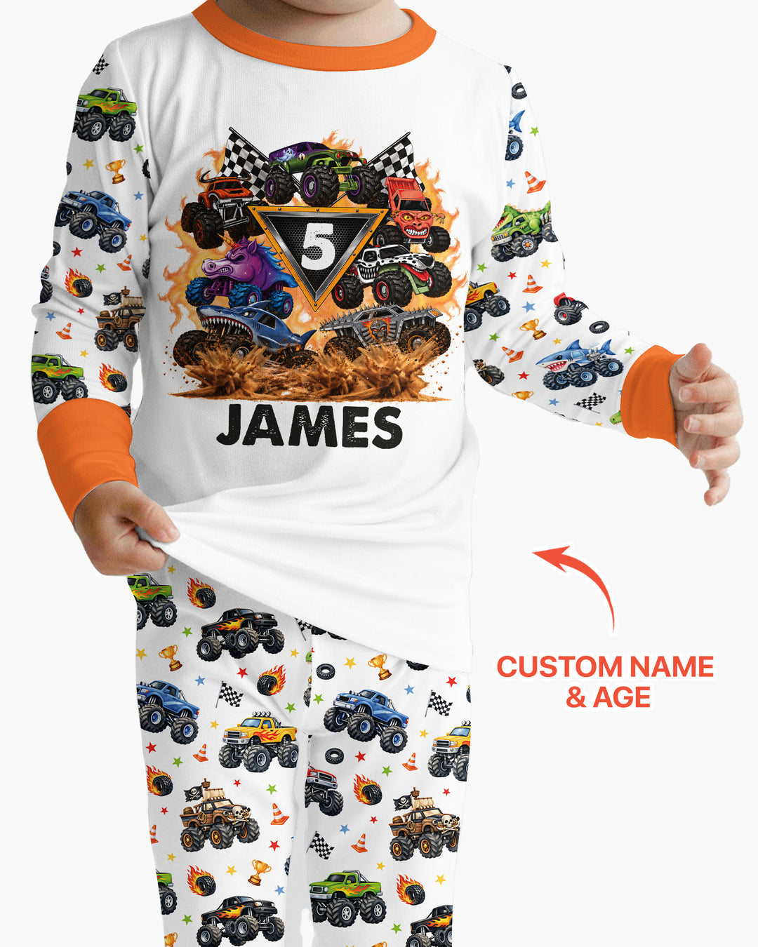 Personalized Monster Trucks Birthday Boy Bamboo Two Piece Long Sleeve Pajama Set