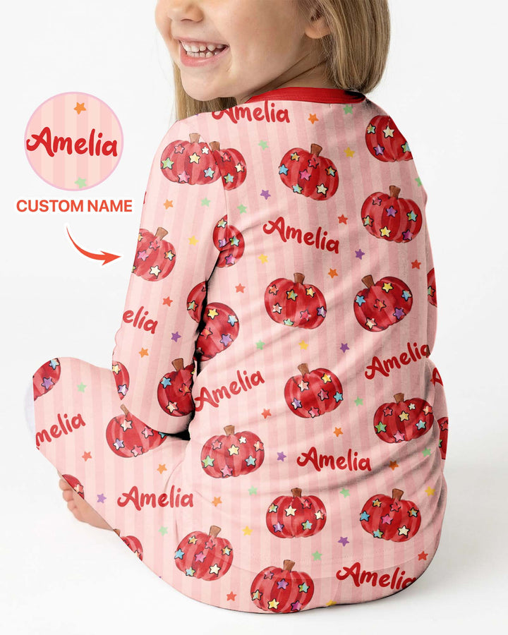 Colorful Star Pumpkin Custom Name Bamboo Two Piece Long Sleeve Pajama Set