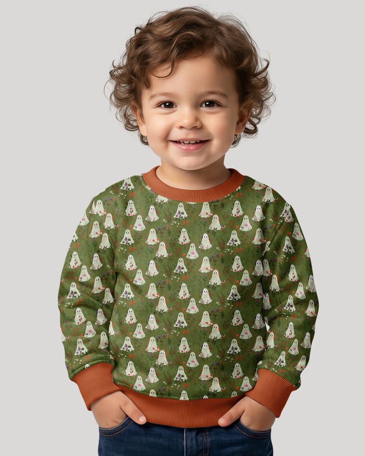 Cute Ghost Halloween Moss Green Floral Bamboo Crewneck Sweatshirt