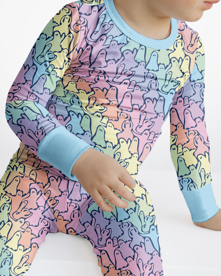 Pastel Rainbow Ghost Halloween Bamboo Two Piece Long Sleeve Pajama Set