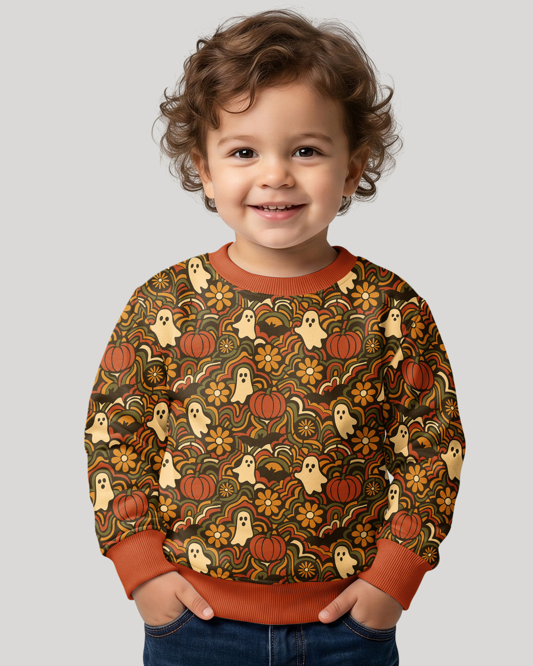 Retro Halloween Ghost Pumpkin Floral Bamboo Crewneck Sweatshirt
