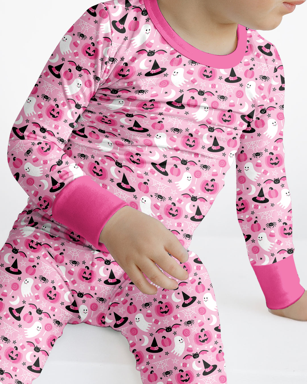 Cute Pink Halloween Ghost Pumpkin Witch Bamboo Two Piece Long Sleeve Pajama Set