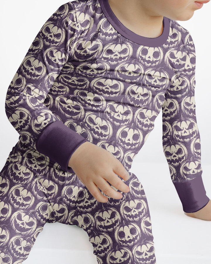 Retro Halloween Jack-O-Lantern Spooky Faces Bamboo Two Piece Long Sleeve Pajama Set