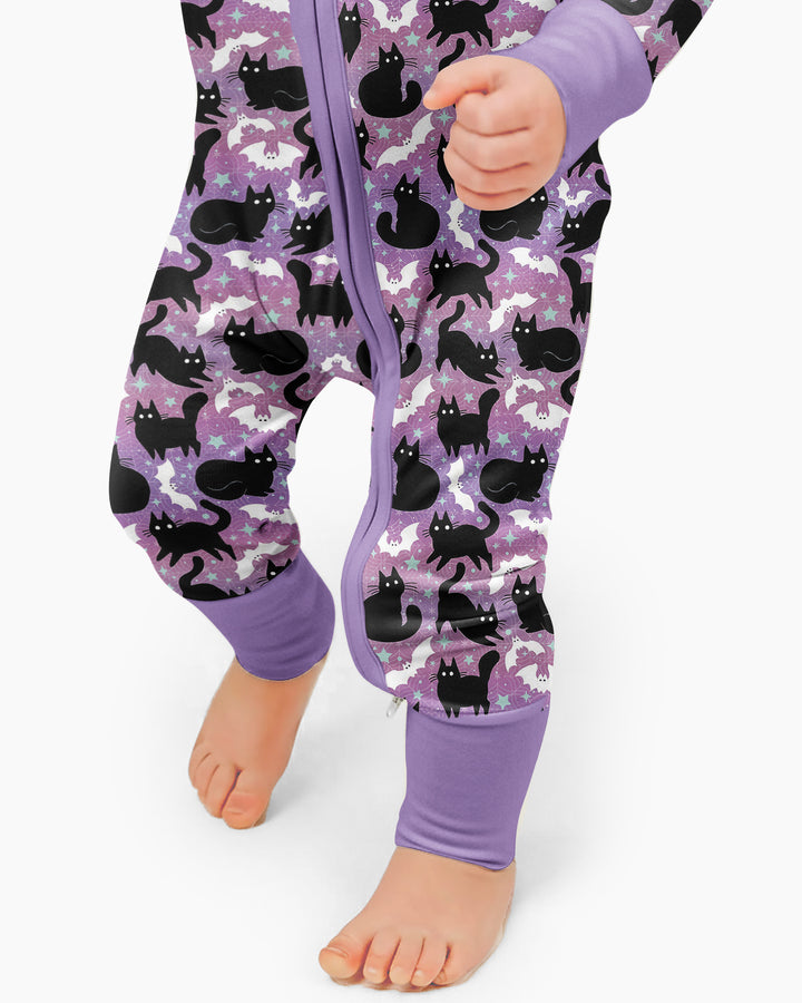Spooky Black Cat Halloween Purple Bats Bamboo Convertible Zippy