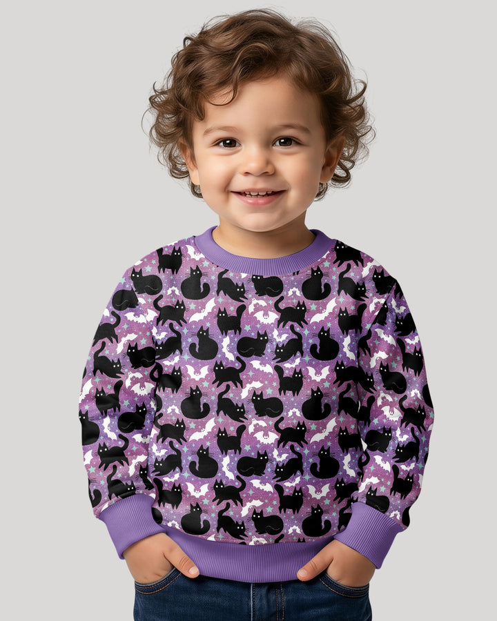 Spooky Black Cat Halloween Purple Bats Bamboo Crewneck Sweatshirt