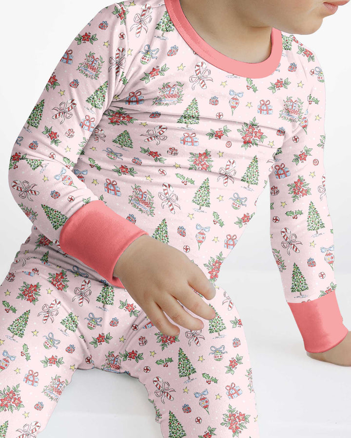 Watercolor Pink Christmas Holidays Christmas Tree Gifts Candy Cane Bamboo Two Piece Long Sleeve Pajama Set