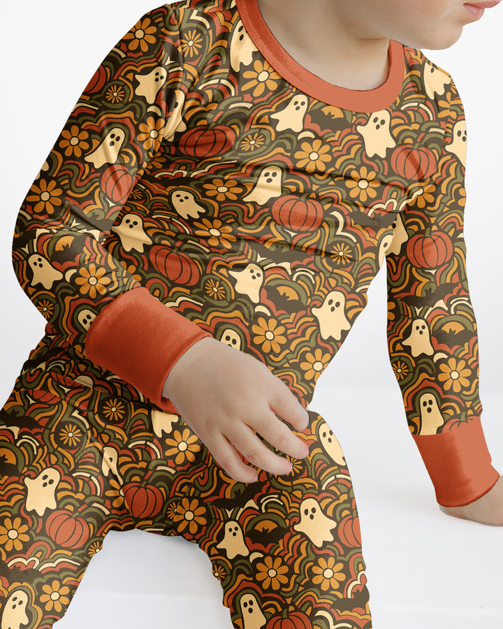 Retro Halloween Ghost Pumpkin Floral Bamboo Two Piece Long Sleeve Pajama Set