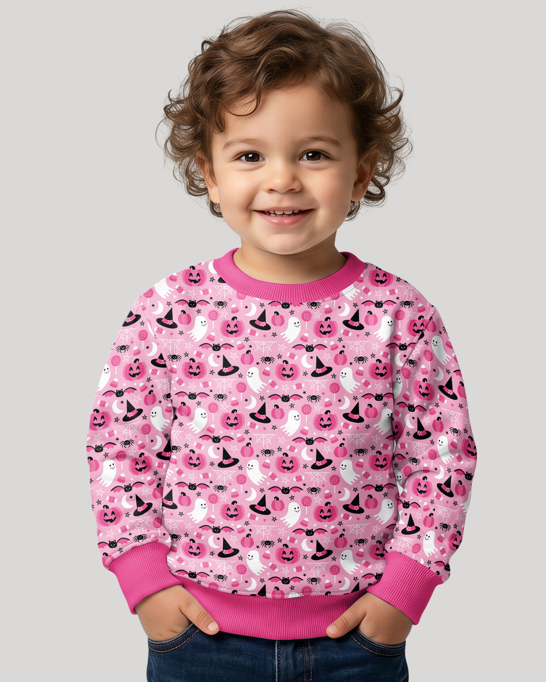Cute Pink Halloween Ghost Pumpkin Witch Bamboo Crewneck Sweatshirt