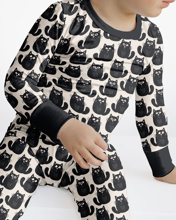 Moody Black Cats in Black and White Bamboo Two Piece Long Sleeve Pajama Set