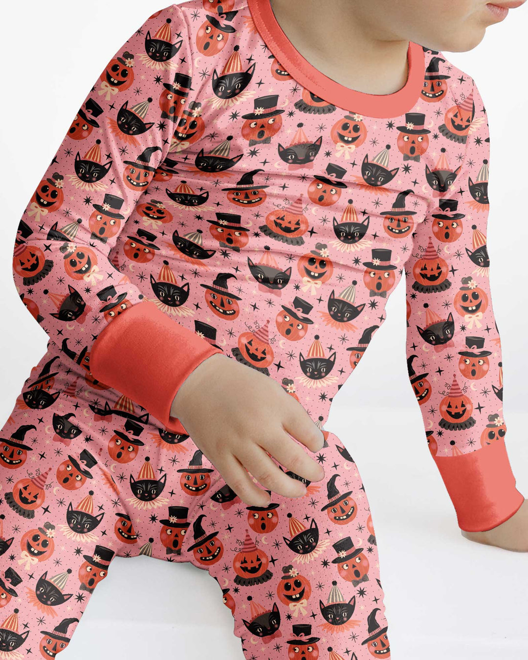 Retro Halloween Cats and Funny Pumpkins Bamboo Two Piece Long Sleeve Pajama Set