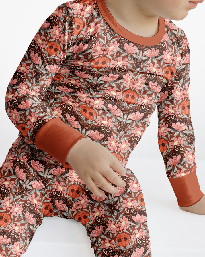 Spooky Owl Pumpkin Folk Floral Halloween Bamboo Two Piece Long Sleeve Pajama Set