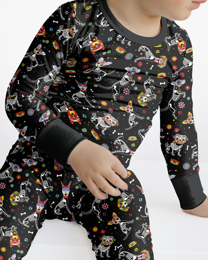 Sugar Skull Día de los Muertos Halloween Dog Mexican Bamboo Two Piece Long Sleeve Pajama Set