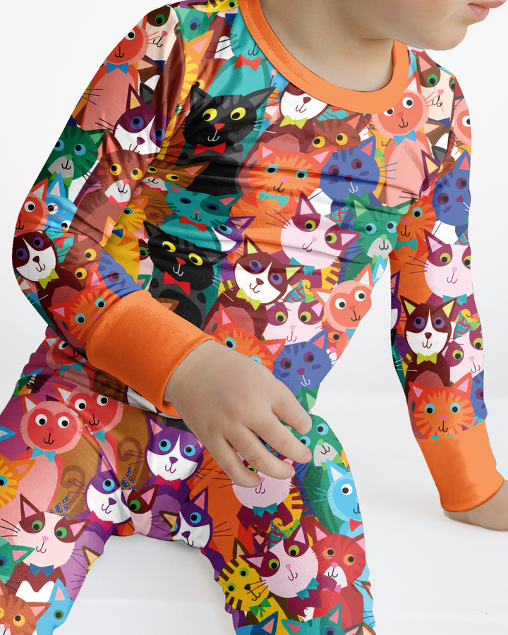 Colorful Cat Pattern Pattern Bamboo Two Piece Long Sleeve Pajama Set