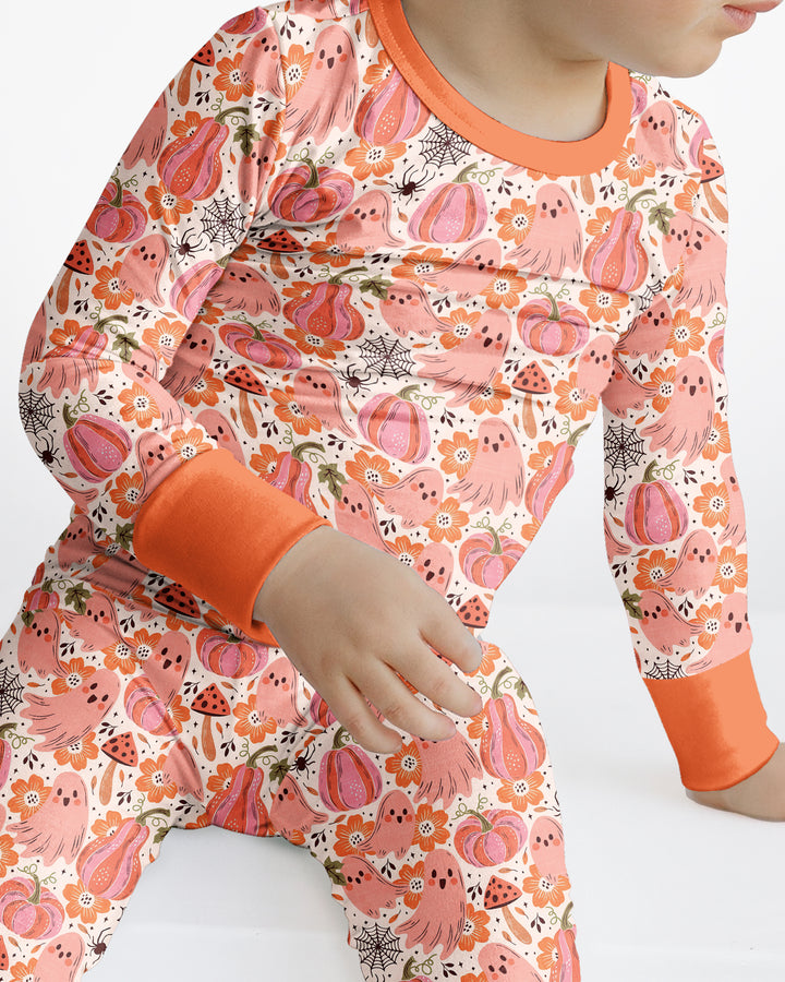 Pink Ghost Pumpkin Fall Floral Halloween Bamboo Two Piece Long Sleeve Pajama Set