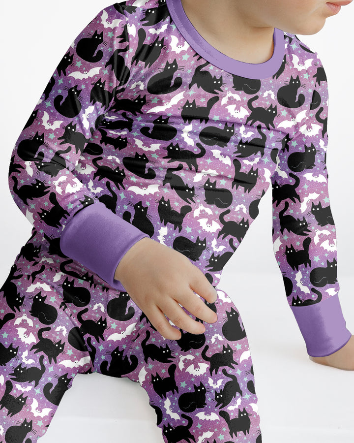 Spooky Black Cat Halloween Purple Bats Bamboo Two Piece Long Sleeve Pajama Set