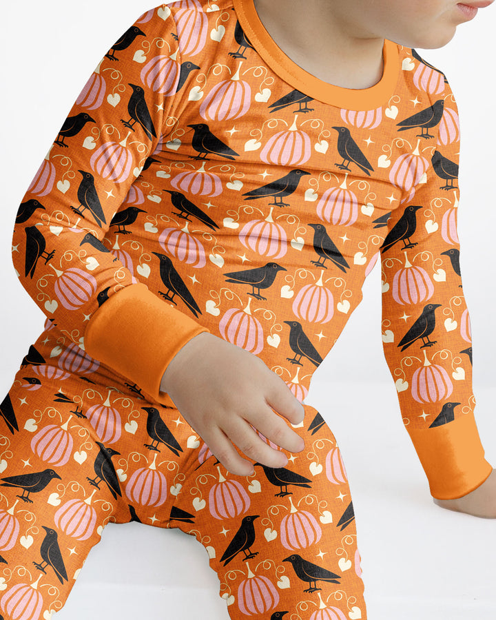 Ravens in a Pumpkin Patch - Orange Pink Bamboo Two Piece Long Sleeve Pajama Set
