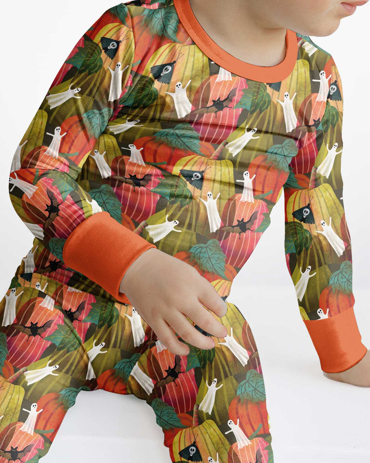 Big Pumpkin Field With Ghosts Bamboo Two Piece Long Sleeve Pajama Set