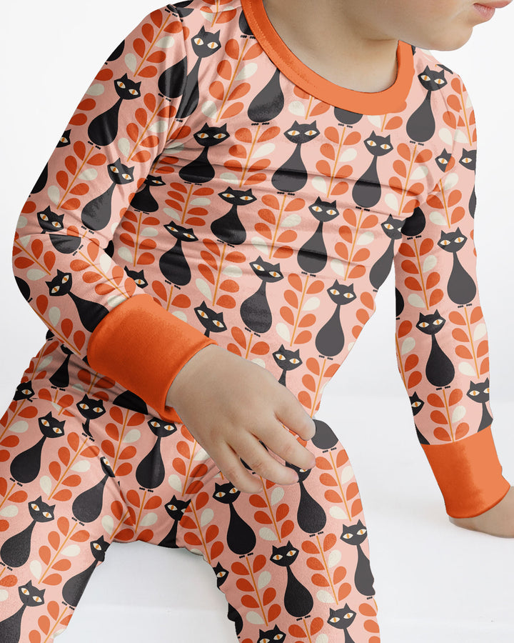 Retro Black Cat Garden Bamboo Two Piece Long Sleeve Pajama Set