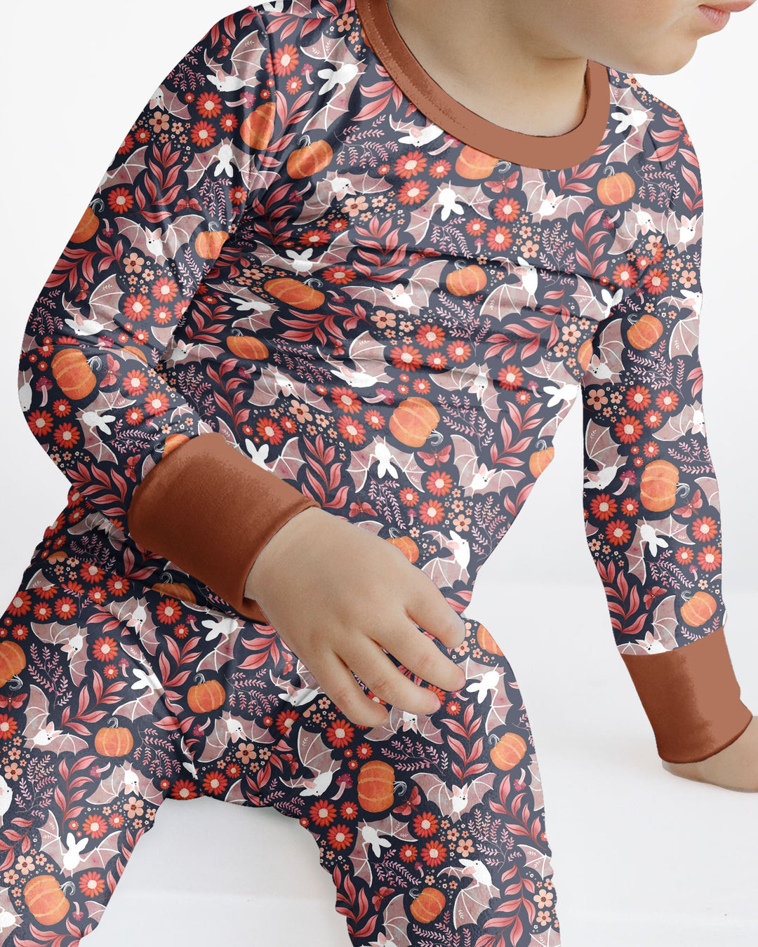 Bat Pumpkin Floral Halloween Bamboo Two Piece Long Sleeve Pajama Set