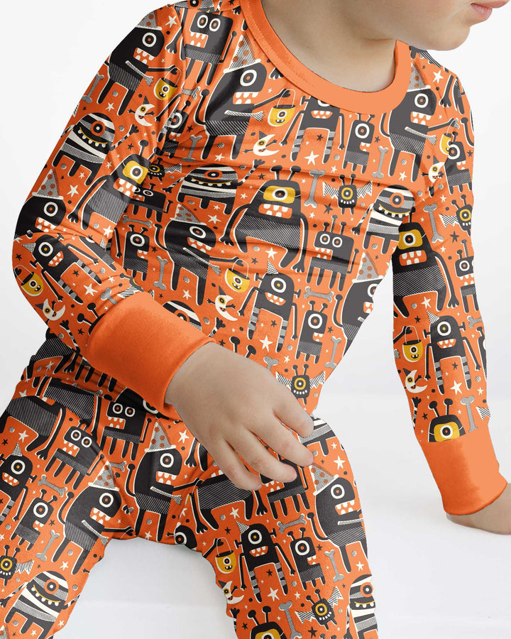 Mid Century Halloween Monster Toss Bamboo Two Piece Long Sleeve Pajama Set