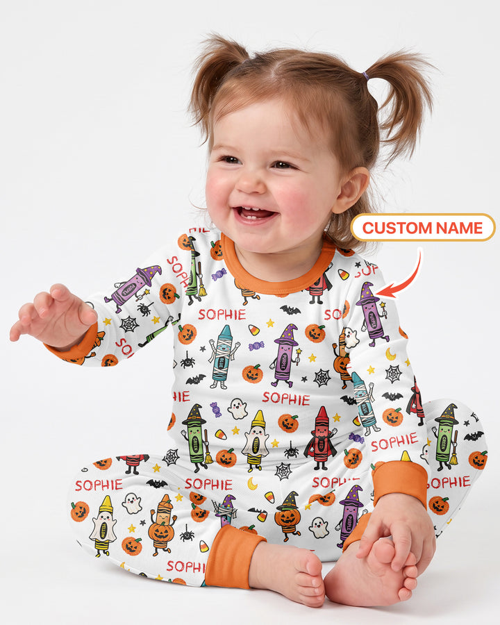 Custom Name Halloween Crayon Bamboo Two Piece Long Sleeve Pajama Set