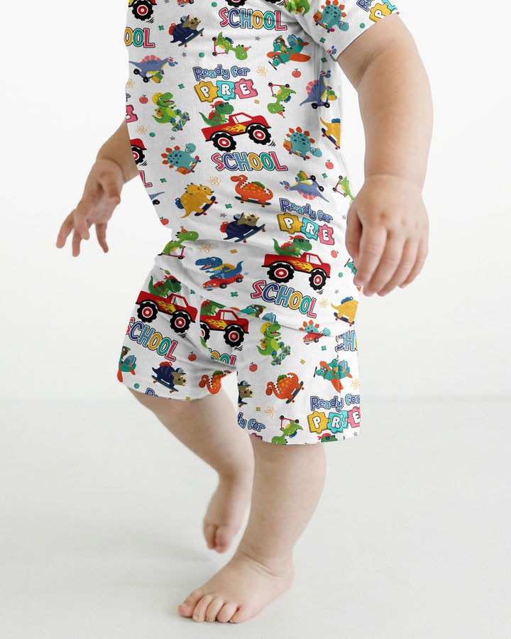 First Day of Preschool T-Rex Bamboo Two Piece Short Sleeve Shorts Pajama Set